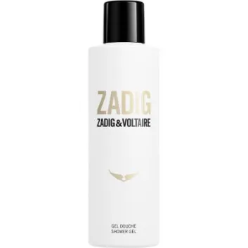 Two white bottles of Zadig & Voltaire Zadig Shower Gel for Her, 200ml each, with black caps and minimalist gold and black text on the front.
