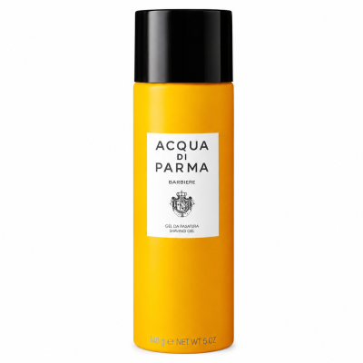 Two yellow cylindrical bottles of Acqua di Parma Barbiere Shaving Gel for Men, 145g each, with black caps and white labels showing the brand name.