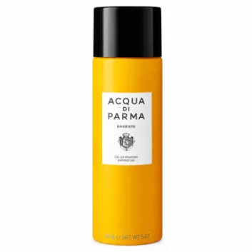 Two yellow cylindrical bottles of Acqua di Parma Barbiere Shaving Gel for Men, 145g each, with black caps and white labels showing the brand name.