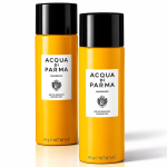 Two yellow cylindrical bottles of 2x Acqua di Parma Barbiere Shaving Gel for Men, 145g each, stand upright on a white surface.
