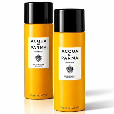 Two yellow cylindrical bottles of 2x Acqua di Parma Barbiere Shaving Gel for Men, 145g each, stand upright on a white surface.