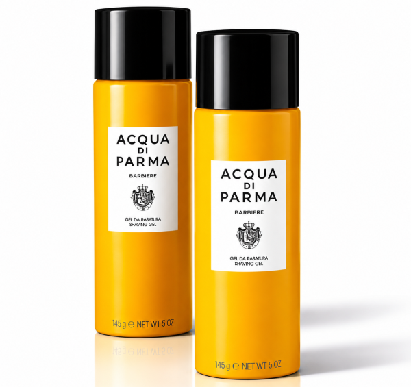 Two yellow cylindrical bottles of 2x Acqua di Parma Barbiere Shaving Gel for Men, 145g each, stand upright on a white surface.