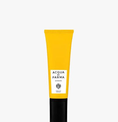 A yellow tube labeled "Acqua di Parma Barbiere Multi Action Face Cream 50ml" with a black cap, shown against a white background.