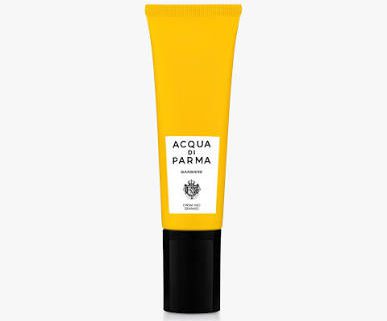 A yellow tube labeled "Acqua di Parma Barbiere Multi Action Face Cream 50ml" with a black cap, shown against a white background.