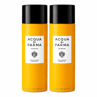 Two identical 145g bottles of Acqua di Parma Barbiere Shaving Gel for Men stand side by side, each in yellow with a black cap and white label.