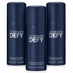 Three cans of Calvin Klein Defy Deodorant Spray for Men, 150ml each, stand upright against a white background.