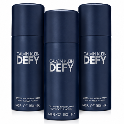Three cans of Calvin Klein Defy Deodorant Spray for Men, 150ml each, stand upright against a white background.