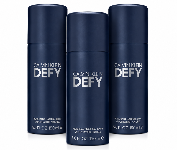Three cans of Calvin Klein Defy Deodorant Spray for Men, 150ml each, stand upright against a white background.