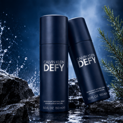 Three bottles of 3x Calvin Klein Defy Deodorant Spray for Men, 150ml, are shown on wet rocks with splashing water and green foliage in the background.