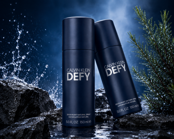 Three bottles of 3x Calvin Klein Defy Deodorant Spray for Men, 150ml, are shown on wet rocks with splashing water and green foliage in the background.