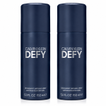 Three navy blue cans of Calvin Klein Defy Deodorant Spray for Men, 150ml each, are standing upright side by side on a white background.