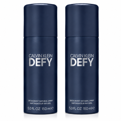 Three navy blue cans of Calvin Klein Defy Deodorant Spray for Men, 150ml each, are standing upright side by side on a white background.