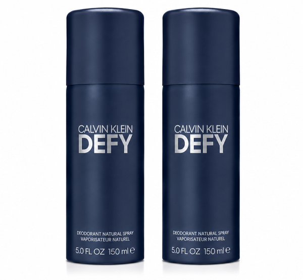 Three navy blue cans of Calvin Klein Defy Deodorant Spray for Men, 150ml each, are standing upright side by side on a white background. Three navy blue cans of Calvin Klein Defy Deodorant Spray for Men, 150ml each, are standing upright side by side on a white background.