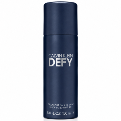 A pack of 3 Calvin Klein Defy Deodorant Sprays for Men, 150ml each, in navy blue cylindrical bottles with white text on the front.