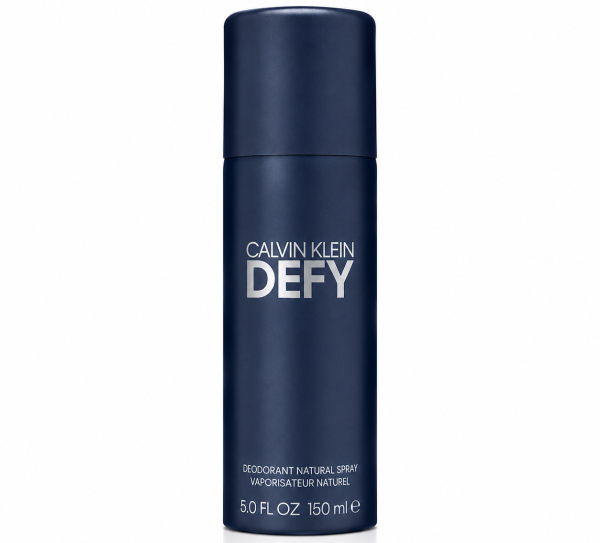 A pack of 3 Calvin Klein Defy Deodorant Sprays for Men, 150ml each, in navy blue cylindrical bottles with white text on the front.
