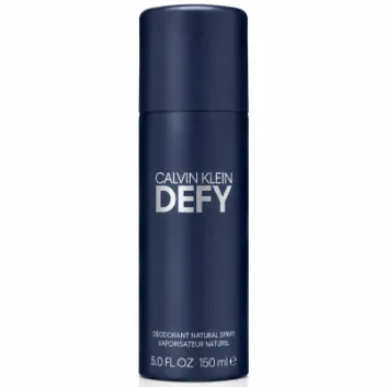 A pack of 3 Calvin Klein Defy Deodorant Sprays for Men, 150ml each, in navy blue cylindrical bottles with white text on the front.