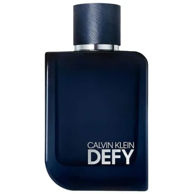 A dark blue rectangular 100ml bottle of Calvin Klein Defy Parfum Spray with a round textured cap and silver lettering on the front.