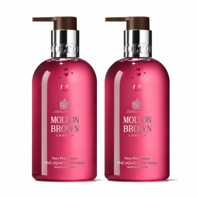 Two 300ml bottles of Molton Brown Fiery Pink Pepper Hand Wash (Unisex) with pump dispensers, displayed against a white background.