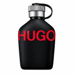 The Hugo Boss Just Different EDT Spray, 75ml, comes in a matte black bottle with a silver cap and rope accent, featuring bold red "HUGO" lettering on the front.