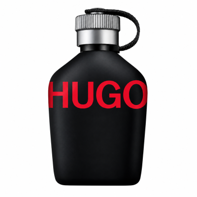 The Hugo Boss Just Different EDT Spray, 75ml, comes in a matte black bottle with a silver cap and rope accent, featuring bold red "HUGO" lettering on the front.