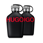 Two matte black bottles with silver caps and black cords, each labeled "HUGO" in bold red, display side by side against a white background. Product: Hugo Boss Just Different EDT Spray, 75ml.