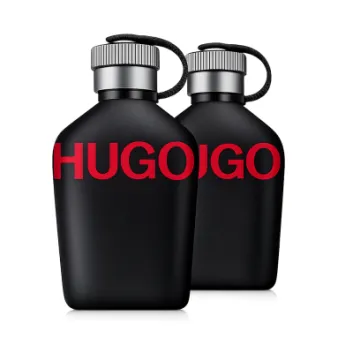 Two matte black bottles with silver caps and black cords, each labeled "HUGO" in bold red, display side by side against a white background. Product: Hugo Boss Just Different EDT Spray, 75ml.