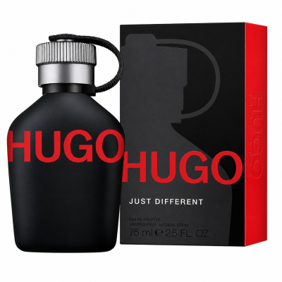 A 75ml bottle of Hugo Boss Just Different EDT Spray in black, featuring bold red "HUGO" text, is shown beside its matching box.