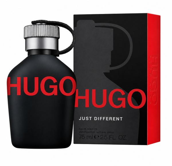A 75ml bottle of Hugo Boss Just Different EDT Spray in black, featuring bold red "HUGO" text, is shown beside its matching box.