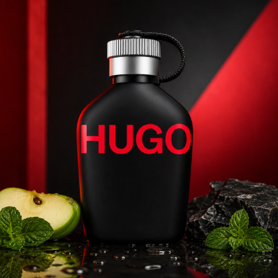 A black bottle labeled "HUGO" in red, Hugo Boss Just Different EDT Spray 75ml, sits among mint leaves, a green apple slice, and dark rocks on a reflective surface with a red and black geometric background.