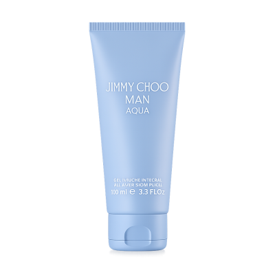 Two light blue tubes labeled "Jimmy Choo Man Aqua Shower Gel Body Wash for Men," each 100ml (3.3 fl oz), included in the 2x pack.