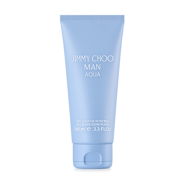 Two light blue tubes labeled "Jimmy Choo Man Aqua Shower Gel Body Wash for Men," each 100ml (3.3 fl oz), included in the 2x pack.