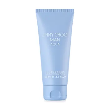 Two light blue tubes labeled "Jimmy Choo Man Aqua Shower Gel Body Wash for Men," each 100ml (3.3 fl oz), included in the 2x pack.