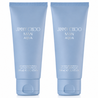 Two 100ml tubes of Jimmy Choo Man Aqua Shower Gel Body Wash for Men stand upright side by side against a white background.