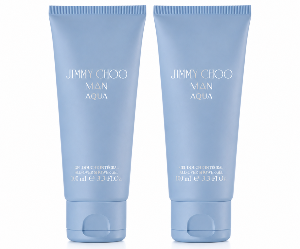 Two 100ml tubes of Jimmy Choo Man Aqua Shower Gel Body Wash for Men stand upright side by side against a white background.