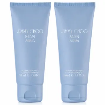 Two 100ml tubes of Jimmy Choo Man Aqua Shower Gel Body Wash for Men stand upright side by side against a white background.