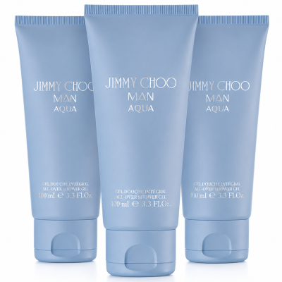 Two blue tubes of Jimmy Choo Man Aqua Shower Gel Body Wash for Men, 100ml each, are standing upright against a white background.