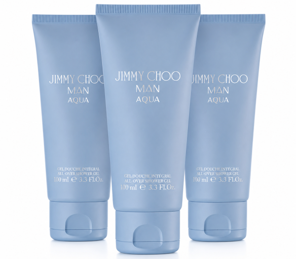 Two blue tubes of Jimmy Choo Man Aqua Shower Gel Body Wash for Men, 100ml each, are standing upright against a white background.