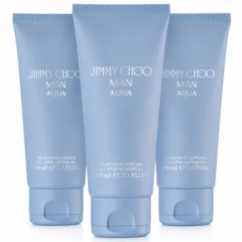 Two blue tubes of Jimmy Choo Man Aqua Shower Gel Body Wash for Men, 100ml each, are standing upright against a white background.