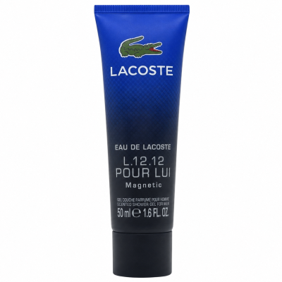 A set of three blue tubes of Lacoste Eau de Lacoste L.12.12 Pour Lui Magnetic Shower Gel for men, 50ml each, featuring black caps and the Lacoste logo on the front.