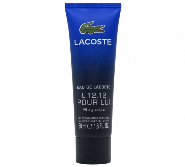 A set of three blue tubes of Lacoste Eau de Lacoste L.12.12 Pour Lui Magnetic Shower Gel for men, 50ml each, featuring black caps and the Lacoste logo on the front.