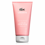 A set of 3 pink Lacoste L.12.12 Pour Elle Sparkling Shower Gels for women, each 150ml, featuring the crocodile logo on the front.