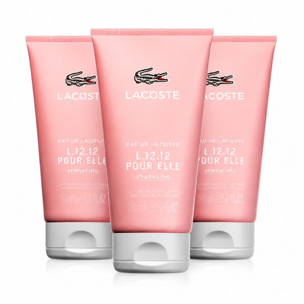 Three 150ml tubes of Lacoste L.12.12 Pour Elle Sparkling Shower Gel for Women are displayed upright against a white background.