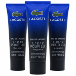 Three tubes of Lacoste Eau de Lacoste L.12.12 Pour Lui Magnetic Shower Gel 50ml are displayed upright against a plain white background.