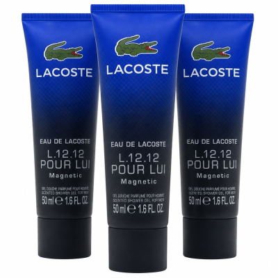 Three tubes of Lacoste Eau de Lacoste L.12.12 Pour Lui Magnetic Shower Gel 50ml are displayed upright against a plain white background.