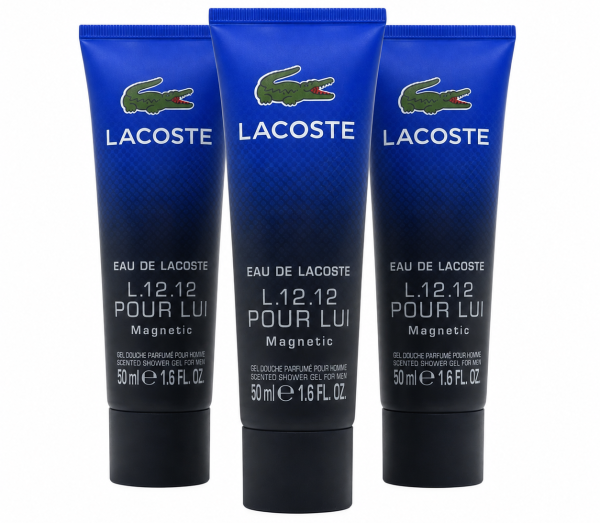 Three tubes of Lacoste Eau de Lacoste L.12.12 Pour Lui Magnetic Shower Gel 50ml are displayed upright against a plain white background. Three tubes of Lacoste Eau de Lacoste L.12.12 Pour Lui Magnetic Shower Gel 50ml are displayed upright against a plain white background.