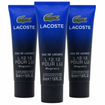 Three tubes of Lacoste Eau de Lacoste L.12.12 Pour Lui Magnetic Shower Gel 50ml are displayed upright against a plain white background.
