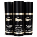 Three cans of 3x Lacoste L'Homme 150ml Deodorant Anti-perspirant Spray for Men are shown in a row, each featuring the Lacoste crocodile logo and product details on the front.