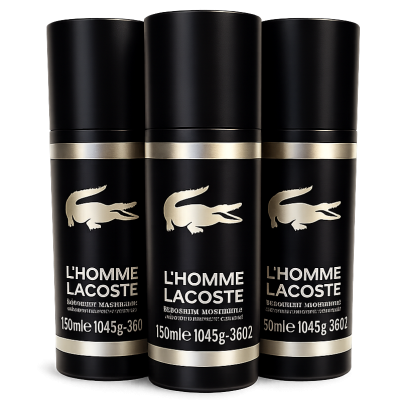 Three cans of 3x Lacoste L'Homme 150ml Deodorant Anti-perspirant Spray for Men are shown in a row, each featuring the Lacoste crocodile logo and product details on the front.