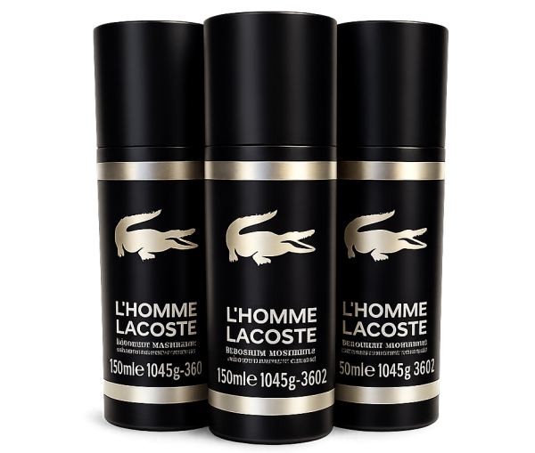 Three cans of 3x Lacoste L'Homme 150ml Deodorant Anti-perspirant Spray for Men are shown in a row, each featuring the Lacoste crocodile logo and product details on the front.