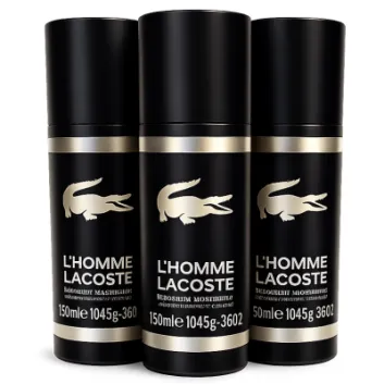 Three cans of 3x Lacoste L'Homme 150ml Deodorant Anti-perspirant Spray for Men are shown in a row, each featuring the Lacoste crocodile logo and product details on the front.